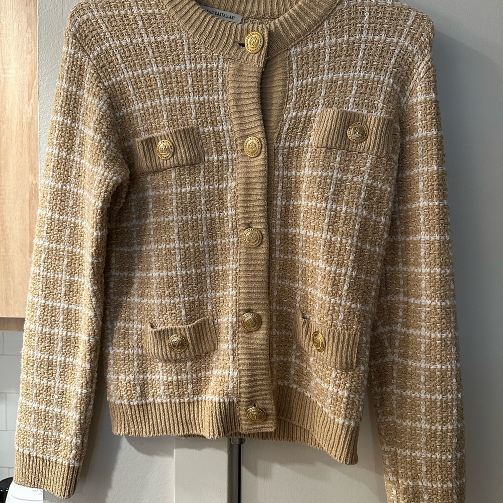 Flavio Castellani Tweed Knit Cardigan Beige & White with Gold Lion Buttons